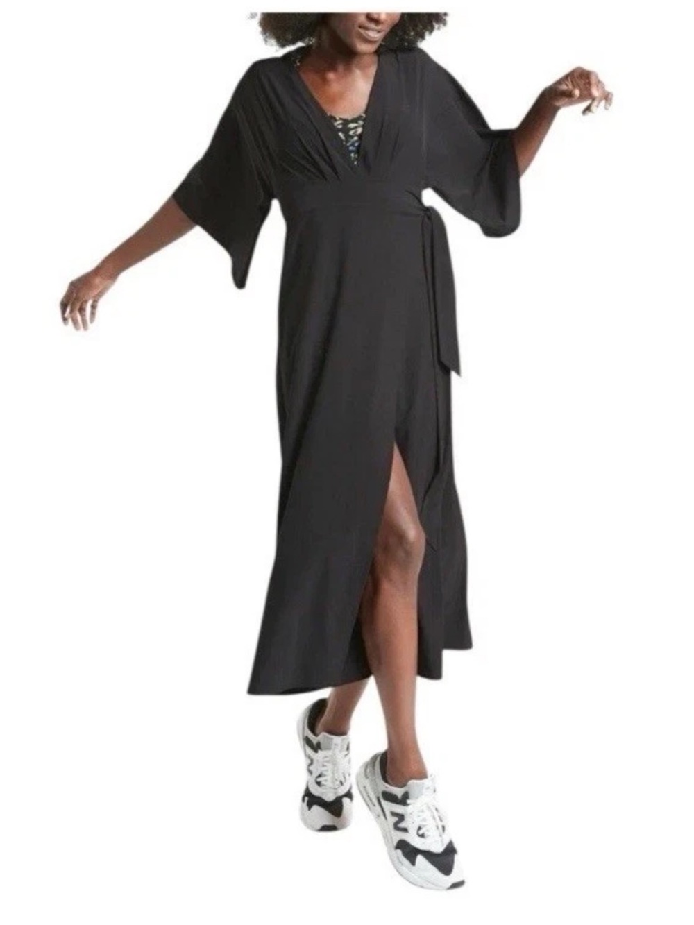 Athleta Calistoga Black Wrap Dress Midi Kimono Sleeve Side Tie Womens M